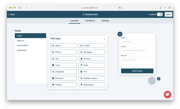 Fields contact form