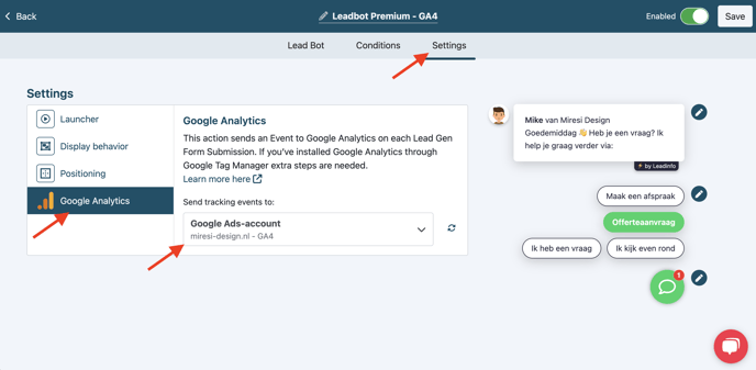 Google Analytics koppelen Leadinfo Leadbot