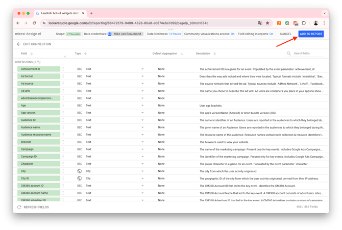 Leadinfo - Looker Studio Rapportage - add to report