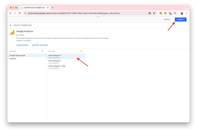 Leadinfo - Looker Studio Rapportage - connect Ga4 account