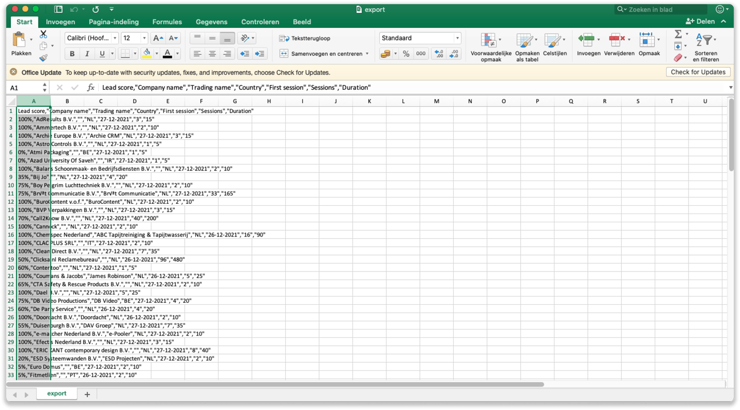 Creating a clear overview of the Excel export